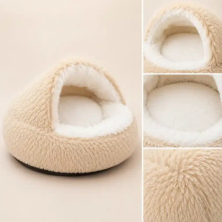 Panier igloo beige et blanc chien zoom