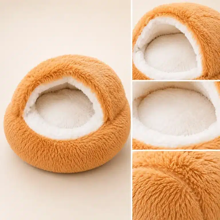 Panier igloo camel et blanc chien zoom