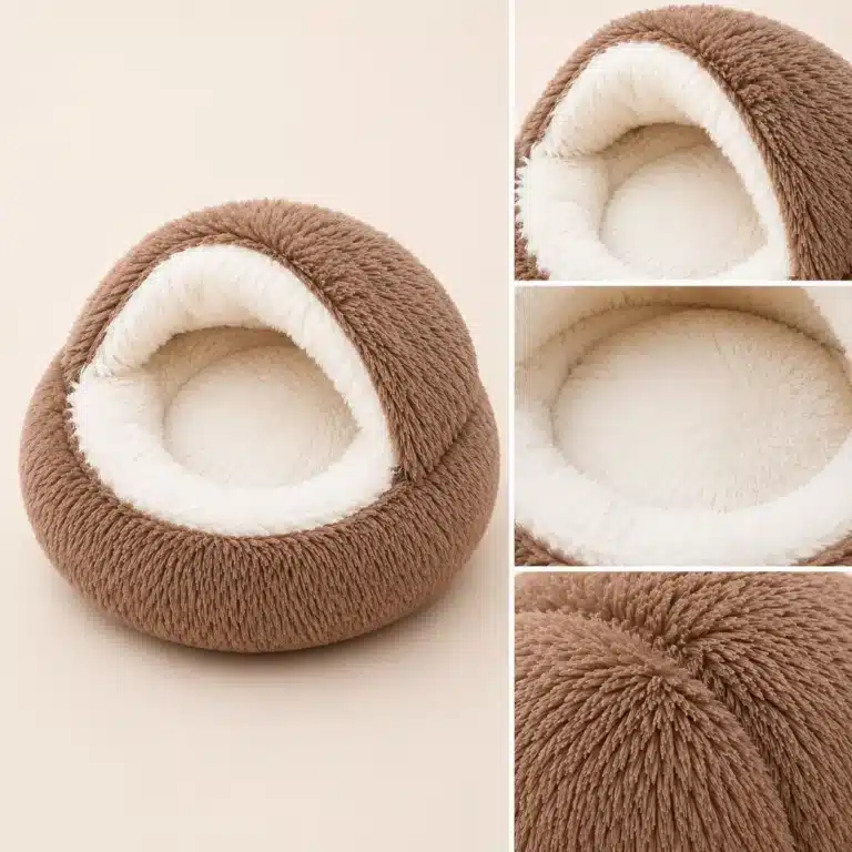 Panier igloo marron et blanc chien zoom