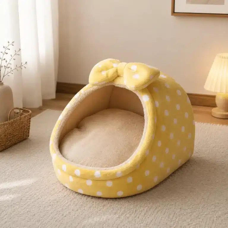 Panier jaune pois blanc petit chien