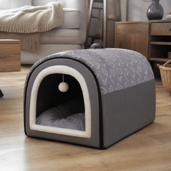 Niche avec jouet suspendu gris chien