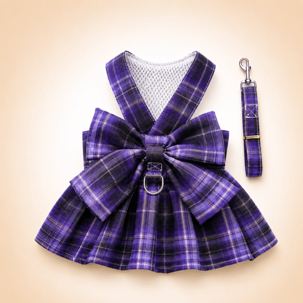 Harnais robe chihuahua carreaux violet + laisse
