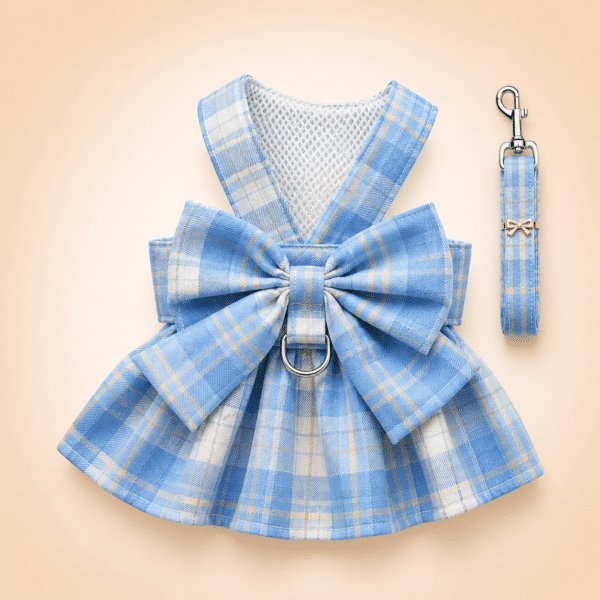 Harnais robe chihuahua carreaux bleu + laisse