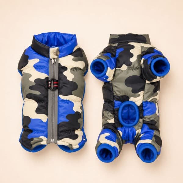 Manteau rembourré bleu et militaire petit chien