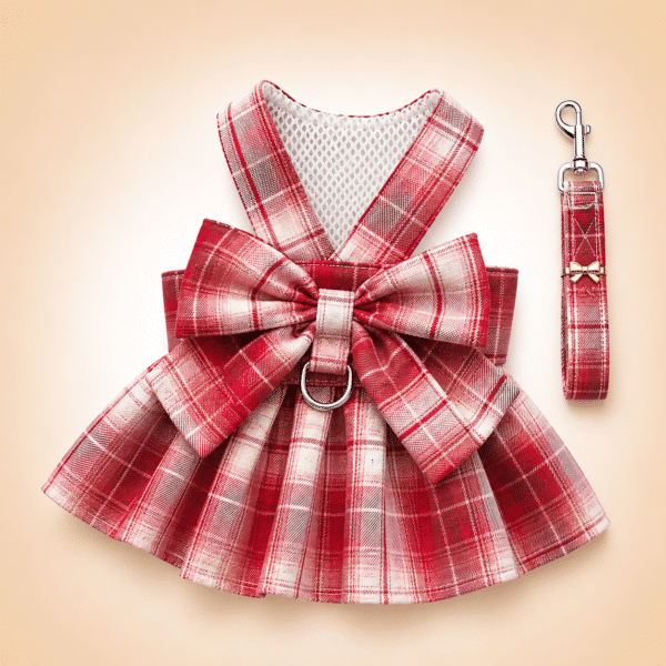 Harnais robe chihuahua carreaux rouge et blanc + laisse