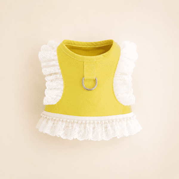 Harnais chien perle dentelle jaune et blanc + laisse
