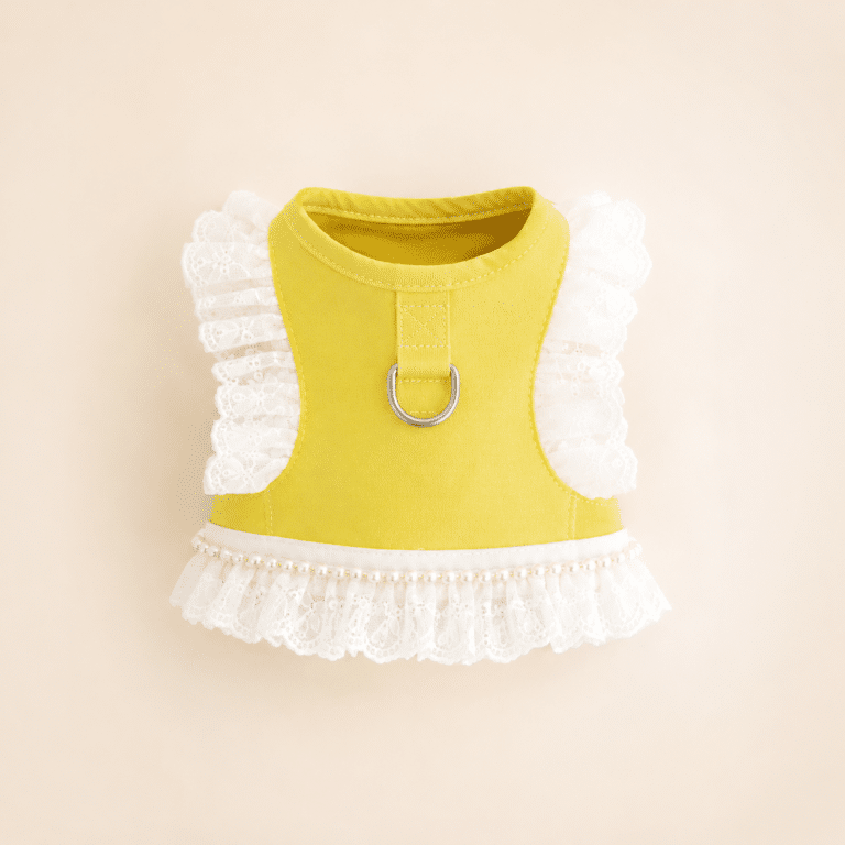 Harnais chien perle dentelle jaune et blanc + laisse