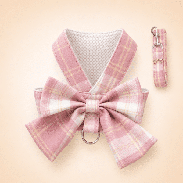 Harnais chihuahua carreaux rose et blanc + laisse