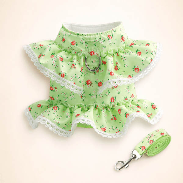 Harnais petit chien dentelle vert et blanc + laisse