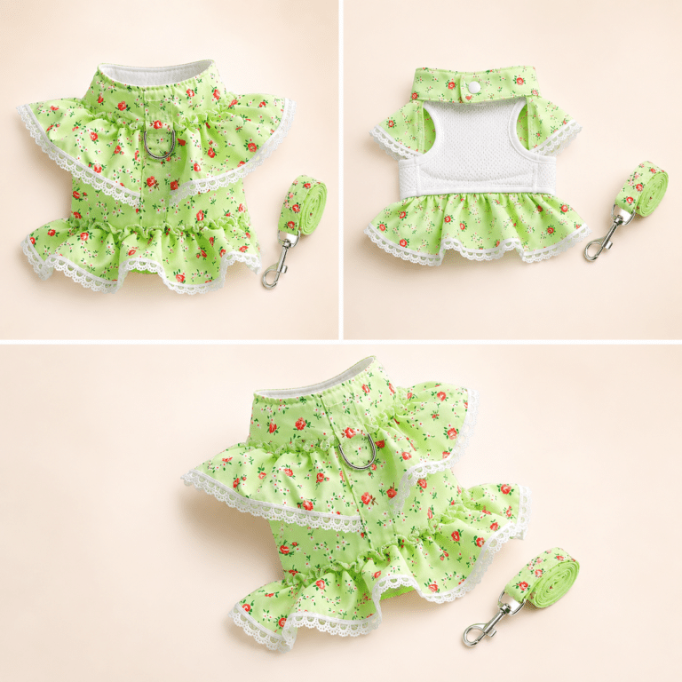 Harnais petit chien dentelle vert et blanc + laissegal