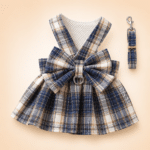 Harnais robe chihuahua carreaux bleu et jaune + laisse