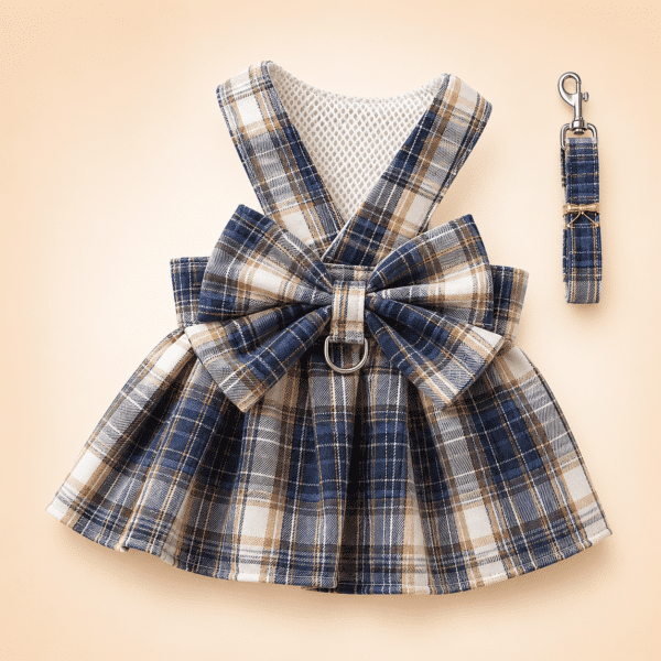 Harnais robe chihuahua carreaux bleu et jaune + laisse