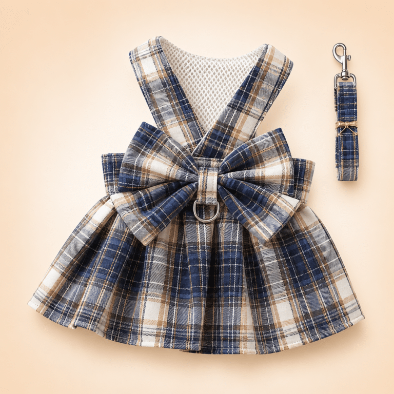 Harnais robe chihuahua carreaux bleu et jaune + laisse