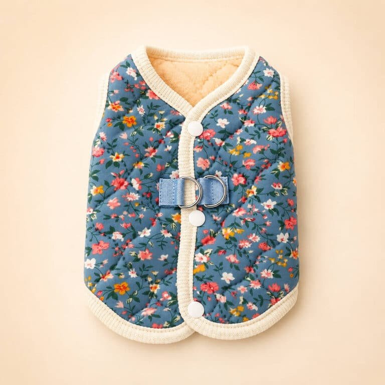 Pull Sans Manche Bleu Fleur Rose Petit Chien