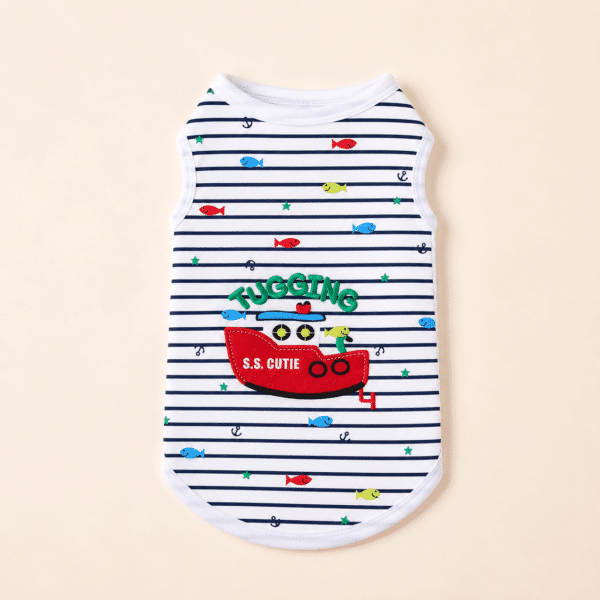 Gilet blanc motif poisson et bateau petit chien