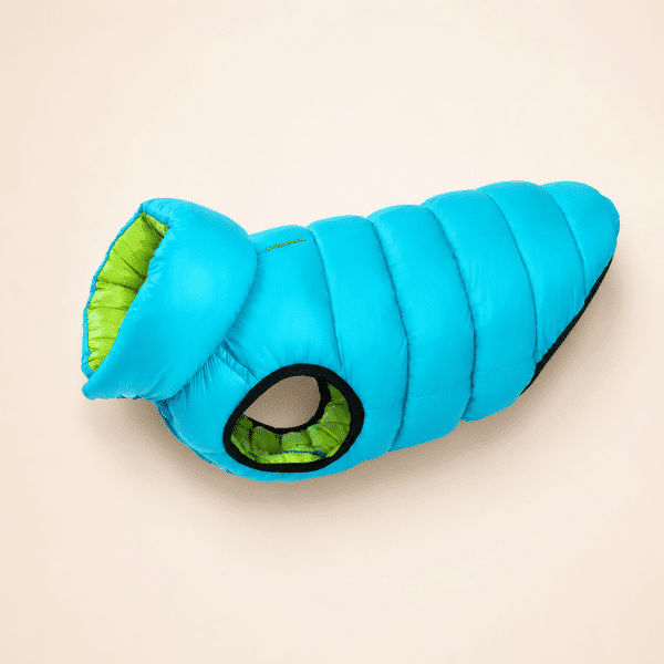 Veste chaude réversible bleu vert petit chien